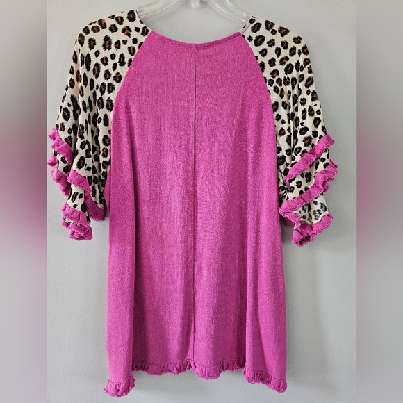 NWOT Umgee Pink/Leopard Print Tunic with Ruffle Sleeves - Size Small - Picture 2 of 3